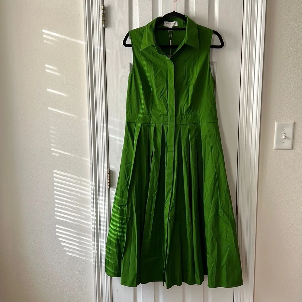 Michael Kors Collection Green Sleeveless Pleated Poplin Midi Shirt Dress 12 - Picture 7 of 14